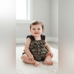 🐆 Baby Girl Brown&Gold Leopard Print Ruffle Boho Infant Romper-Size 6-9 Mths